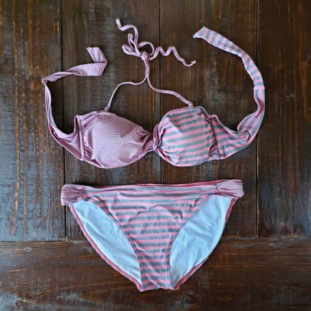 OP Bandeau Halter Twist Bikini, XL, Pink/Grey Stripes